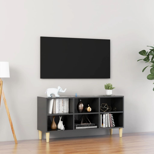 vidaXL TV-taso täyspuiset jalat korkeakiilto harmaa 103,5x30x50 cm