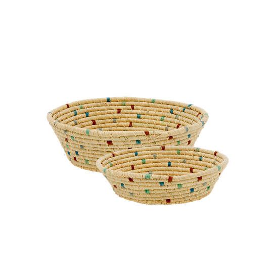 Rice - Raffia Round Bread Baskets with Blue Details - Set of 2