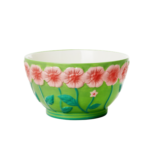 Rice - Ceramic Bowl with Embossed Flower Design - Sage Green