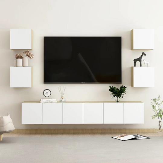 vidaXL 7-osainen TV-kaappisarja valkoinen ja Sonoma-tammi lastulevy