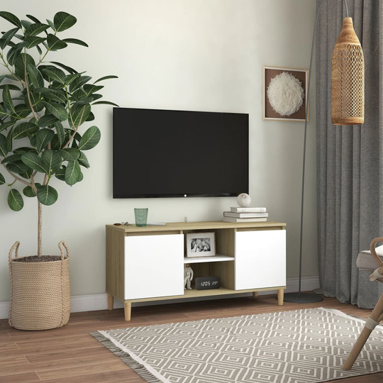 vidaXL TV-taso täyspuiset jalat valkoinen/Sonoma-tammi 103,5x35x50 cm