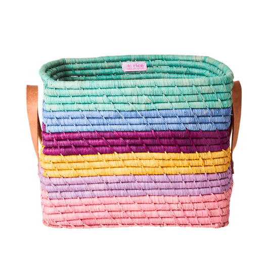 Rice - Small Square Raffia Basket with Leather Handles Multi