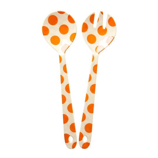 Rice - Melamine Salad Spoon&Fork Orange Dots Print