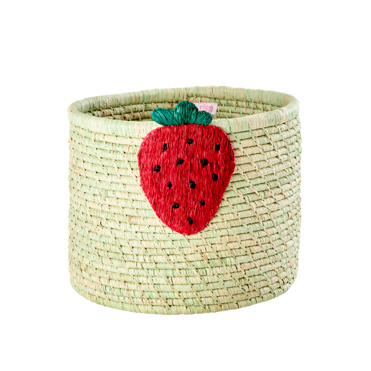 Rice - Raffia Round Basket - Green w. Strawberry Embroidery