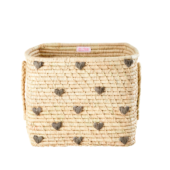 Rice - Small Square Raffia Basket with Raffia Handles - Dark Grey Hearts