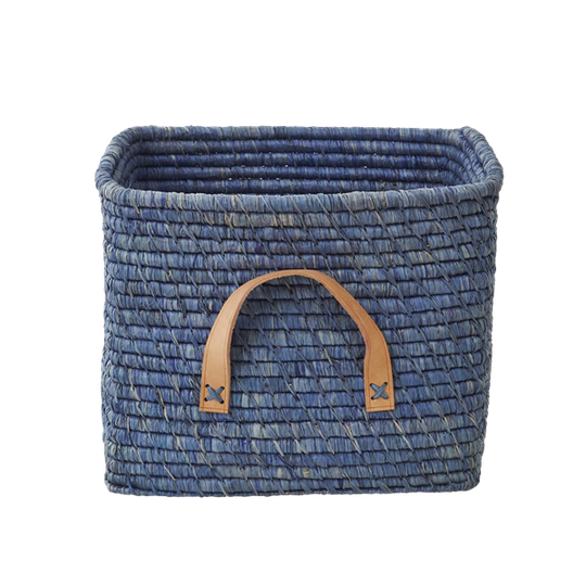 Rice - Small Square Raffia Basket with Leather Handles - Blue